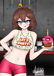 1girls alternate_version_available bib blue_eyes brown_hair cosplay costume cupcake cupcake_(fnaf) elmashoarts female female_focus female_only five_nights_at_freddy's five_nights_at_freddy's_2 fnaf fnaf_2 girly hair light-skinned_female light_skin looking_at_viewer owozu panties pink_panties pink_shorts posing scottgames sirivt solo tongue tongue_out toy_chica_(cosplay) virtual_youtuber vtuber vtuberfanart