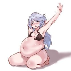 aceficeart belly_expansion belly_inflation belly_on_legs big_belly blue_hair blush blush_lines bra bra_strap bra_strap_down furina_(genshin_impact) heterochromia inflation long_hair long_hair_female on_knees panties stretching stuffed stuffed_belly stuffing thick_thighs weight_gain white_background yawning