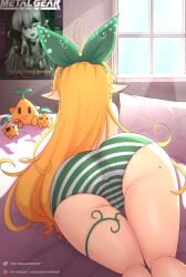 absurdres ahoge ass ass_focus back bed bed_sheet blonde_hair butt_crack english_text facing_away from_behind headband highres huge_ass long_hair lying mizmillificent mole mole_on_ass nijisanji nijisanji_en no_pants on_stomach panties parody pillow plant pointy_ears pomu_rainpuff pomudachi_(pomu_rainpuff) poster_(object) signature simple_background solo striped striped_panties stuffed_toy thighs underwear vines virtual_youtuber window