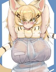 armpits arms_up big_breasts blush breasts cat_ears clothed clothing kemono_friends sand_cat_(kemono_friends) urisaba