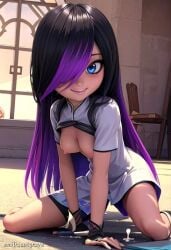 1girls ai_generated black_hair blue_eyes blush breasts emilia_cosgrove juleka_couffaine long_hair looking_at_viewer miraculous_ladybug purple_hair solo solo_female solo_focus spread_legs