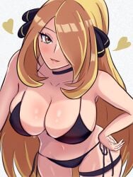 1girls amrbatafri bikini bikini_bottom bikini_top black_bikini blonde blonde_female blonde_hair breasts cleavage cynthia_(pokemon) female female_only looking_at_viewer nintendo no_penis no_sex one_eye_covered pokemon revealing_clothes solo solo_female