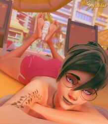 1girls 3d ass_up barefoot blue_eyes brown_hair feet feet_up female female_only glasses goth goth_girl lipstick looking_at_viewer nose_piercing overwatch overwatch_2 queen_of_hearts selfie short_hair shorts soles sylaellas tattoo the_pose toe_ring toes tracer