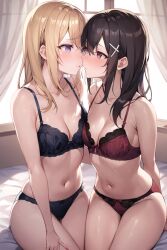 2girls about_to_kiss ai_generated blonde_hair bra brown_hair panties winterai yuri