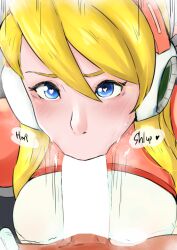 1boy 1girls alia android blonde_hair blue_eyes blush censored fellatio heart-shaped_pupils human looking_at_viewer mega_man mega_man_x oral penis pov robot tk