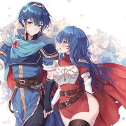 1boy 1girls ass awayuki_ramika bare_thighs belt black_gloves blue_eyes blue_hair blush caeda_(fire_emblem) cowboy_shot dress elbow_gloves female fingerless_gloves fire_emblem fire_emblem:_mystery_of_the_emblem fire_emblem:_shadow_dragon_and_the_blade_of_light flower gloves highres long_hair looking_at_another male marth_(fire_emblem) nintendo open_mouth pants pegasus_knight_uniform_(fire_emblem) short_dress short_sleeves simple_background smile thick_thighs thighhighs thighs tiara white_background white_gloves