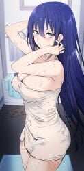 aqua_eyes armpits arms_up bare_shoulders blue_hair breasts cleavage covered_navel cowboy_shot dripping engage_kiss female haoni highres indoors large_breasts long_hair looking_at_viewer naked_towel parted_lips smile solo towel unworn_clothes very_long_hair wet yuugiri_ayano