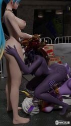 1girls 2futas 3d big_ass big_balls big_breasts big_penis celestial_(league_of_legends) cum cum_in_mouth cum_in_pussy cum_inside dark-skinned_female dragon_girl female futa_on_female futanari horns league_of_legends operculum purple_skin shyvana sona_buvelle soraka spitroast