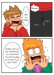 2boys asking_for_sex blush blushing_male brown_hair eddsworld english_text ginger ginger_hair green_jacket hoodie horny horny_male jacket light-skinned_male light_skin male_only matt_(eddsworld) namae86884456 purple_hoodie red_hoodie refusing_sex text tord_(eddsworld) yaoi