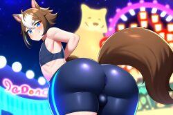 1boy ai_generated amusement_park ass ass_focus big_ass big_butt blue_eyes brown_hair bulge crop_top dog_ears dog_tail femboy feminine_male girly gorou_(genshin_impact) huge_ass neon_lights novelai pov ripped_clothing shorts starry_sky