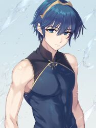 1boy awayuki_ramika bare_arms blue_eyes blue_hair ear_piercing fire_emblem fire_emblem:_mystery_of_the_emblem fire_emblem:_shadow_dragon_and_the_blade_of_light looking_at_viewer male male_only marth_(fire_emblem) muscular muscular_male nintendo piercing short_hair sleeveless smile solo tiara toned upper_body