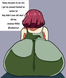 artist_upload ass ass_bigger_than_head ass_focus back back_view bare_shoulders big_ass big_butt bocchi_the_rock! bottom_heavy clothed clothing commentary green_clothing hiroi_kikuri huge_ass huge_butt red_hair self_upload simple_background wide_hips wiirart