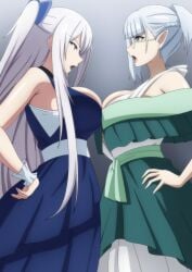 2girls alexia_midgar armpits beta_(the_eminence_in_shadow) blue_dress breast_press breasts cleavage_cutout clothing_cutout dress earrings elf female_only from_side glasses green_dress highres jewelry kage_no_jitsuryokusha_ni_naritakute! large_breasts long_hair makiri_akira multiple_girls open_mouth pointy_ears short_hair symmetrical_docking the_eminence_in_shadow