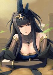 1girls absurdres alternate_costume bare_shoulders black_eyes black_hair blunt_bangs bodystocking bracelet breasts bridal_gauntlets cleavage closed_mouth feather_hair_ornament feathers female female_only fire_emblem fire_emblem_awakening fire_emblem_heroes gold gold_trim hair_ornament highres jewelry labebebe_lee large_breasts light_smile long_hair looking_at_viewer lying mixed-language_commentary neck_ring nintendo official_alternate_costume on_stomach solo tharja_(fire_emblem) tharja_(plegian)_(fire_emblem) the_pose tiara two_side_up