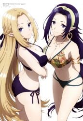 2girls absurdres alpha_(the_eminence_in_shadow) aqua_inc ass bikini blonde_hair blue_eyes breasts cleavage closed_mouth earrings elf gamma_(the_eminence_in_shadow) highres jewelry kage_no_jitsuryokusha_ni_naritakute! large_breasts long_hair looking_at_viewer magazine_scan megami_magazine mole mole_under_mouth multi-strapped_bikini multiple_girls necklace official_art pointy_ears purple_eyes purple_hair scan side-tie_bikini_bottom simple_background smile swimsuit the_eminence_in_shadow thighs very_long_hair white_background