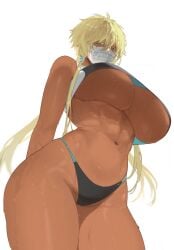 1girls abs alternate_costume arrancar bikini bleach blonde_hair breasts colored_eyelashes cowboy_shot curvy dark-skinned_female dark_skin female_focus from_below green_eyes highres huge_breasts k4onozeda04 navel short_hair_with_long_locks simple_background solo swimsuit thick_thighs thighs tia_harribel toned underboob wet white_background wide_hips