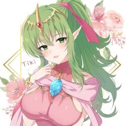 1girls alternate_costume awayuki_ramika breasts female fire_emblem fire_emblem_awakening fire_emblem_heroes green_eyes green_hair hand_on_own_chest large_breasts long_hair nintendo official_alternate_costume open_mouth pointy_ears ponytail sideboob stone tiki_(adult)_(fated_divinity)_(fire_emblem) tiki_(adult)_(fire_emblem) tiki_(fire_emblem)