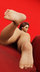 3d big_ass big_breasts blender blender_(software) brown_hair feet feet_up female_only fortnite laying_on_sofa laying_on_stomach naked_female ruby_(fortnite) wet wet_body