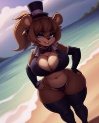 1girls ai_generated anthro anthro_only armwear beach big_breasts black_armwear blue_eyes breasts brown_fur cleavage curvy fazclaire's_nightclub female female_only five_nights_at_freddy's freddy_(fnaf) fredina fredina's_nightclub fredina_(cally3d) frenni_(cryptia) frenni_fazclaire furry furry_only hands_on_hips hat hourglass_figure legwear looking_at_viewer navel open_mouth rocksolidart scottgames seaside smile solo solo_female thick_thighs thighhighs voluptuous wide_hips