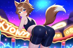 1boy ai_generated amusement_park anus anus_peek ass ass_focus big_ass big_butt blue_eyes brown_hair crop_top dog_ears dog_tail femboy feminine_male girly gorou_(genshin_impact) neon_lights novelai ripped_clothing shorts starry_sky