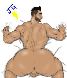 1boy ass ass_focus asshole bara bed big_ass big_butt big_thighs fortnite gay maverick_(fortnite) muscles nsfw yaoi