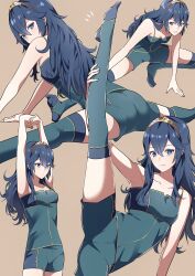 1girls ameno_(a_meno0) aqua_thighhighs armpits arms_up ass bare_shoulders blue_eyes blue_hair blue_thighhighs blush breasts brown_background closed_mouth collarbone commentary_request cowboy_shot crossed_bangs eyelashes feet feet_out_of_frame female female_only fire_emblem fire_emblem_awakening gold_trim hair_between_eyes leaning_forward leg_up legs long_hair looking_at_viewer lucina_(fire_emblem) multiple_views nintendo no_shoes shadow shirt simple_background small_breasts smile solo split sport standing standing_on_one_leg standing_split stirrup_legwear strapless strapless_shirt stretching symbol-shaped_pupils thighhighs tiara toeless_legwear