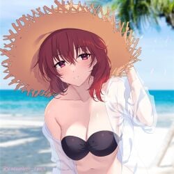 1girls alternate_costume awayuki_ramika bare_shoulders beach bikini black_bikini cleavage collarbone female female_only fire_emblem fire_emblem:_mystery_of_the_emblem fire_emblem:_shadow_dragon_and_the_blade_of_light hat lena_(fire_emblem) looking_at_viewer medium_breasts medium_hair nintendo ocean outdoors red_hair see-through shirt shoulders smile solo straw_hat swimsuit upper_body