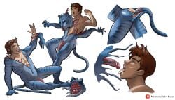 2023 anthro blue_body blue_bodysuit blue_skinsuit bodysuit bound brown_hair buttplug buttplug_tail clothing duo_focus encasement facial_hair fake_tail felid forced forced_transformation genitals glistening glistening_body group hair hi_res human human_to_anthro living_costume male male/male mammal markings mask_with_sex_toy pantherine penile_spines penis plug_(sex_toy) reckless_rocket red_penis rubber_clothing rubber_suit sequence sex_toy sideburns simple_background skinsuit species_transformation striped_markings stripes suit_transformation takeover tendrils text tiger tight_clothing tongue tongue_out transformation url white_background zipper