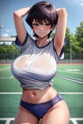 1girls ai_generated black_hair bloomers blue_eyes breasts female flyingpancake gym_clothes gym_uniform hi_res huge_breasts komi-san_wa_komyushou_desu komi_shuuko light-skinned_female light_skin milf short_hair sportswear stable_diffusion