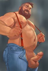 1boy ball bara beard belly big_ass big_penis brown_hair bruteandbrawn erection facial_hair gay hairy hairy_arms hairy_chest human human_only looking_at_viewer male male_only muscular muscular_male nipples older_male penis penis_out pubic_hair solo solo_male standing yaoi