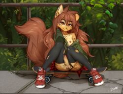 1futa anthro apogee apogee_(tinygaypirate) balls black_panties black_stockings black_underwear breasts brown_eyes brown_hair cute dog_ears dragonfu earrings flashing_penis flashing_pussy fluffy_tail futanari green_jacket herm herm/female hermaphrodite intersex legs long_hair looking_at_viewer multi_genitalia nipples original outside panties penis piercing presenting_penis presenting_pussy pulling_panties pulling_panties_aside pussy pussy_lips revealing_penis revealing_pussy ripped_clothing ripped_stockings shoes sitting sitting_down skateboard smile solo solo_female spread_legs stockings tail tattoo testicles thick_thighs thighs