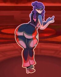 1girls ass big_ass bottom_heavy dual_dragon fat_ass female fully_clothed glasses heels huge_ass large_ass looking_at_viewer looking_back malva_(pokemon) pants pink_hair pointing pokemon pokemon_xy red-tinted_eyewear smile sunglasses thick_ass thick_thighs thighs tinted_eyewear