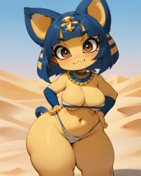 1girls :3 ai_generated animal_crossing ankha ankha_(animal_crossing) anthro anthro_only breasts brown_eyes desert female female_only furry furry_only hands_on_hips looking_at_viewer navel nintendo rocksolidart shortstack solo solo_female thick_thighs wide_hips yellow_fur