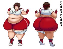 1girls 2023 absurd_res ass back_view bbw belly big_breasts bottom_heavy breasts brown_hair capcom fat female female_focus female_only fingerless_gloves forksporks front_view fully_clothed gigantic_ass gloves hips huge_ass huge_belly huge_thighs obese overweight overweight_female plump sakura_kasugano short_hair shorts simple_background solo solo_female solo_focus street_fighter thick_thighs thighs voluptuous white_background wide_hips