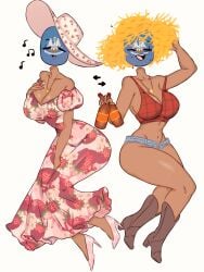 1girls beer beer_bottle big_breasts boots countryhumans countryhumans_girl cute dark-skinned_female drunk flawsy louisiana_(countryhumans) necklace shorts singing statehumans statehumans_girl straw_hat summer_dress summer_hat thick_thighs