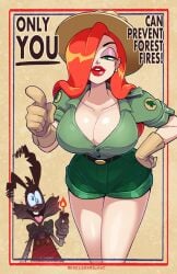 anthro belt bowtie breasts button_down_shirt cleavage datskelebutt gloves green_eyes hat headgear jessica_rabbit leaning_forward long_hair mascara mikeluckas park_ranger pointing public_service_announcement rabbit rabbit_ears ranger red_hair red_lipstick roger_rabbit shorts smokey_bear smokey_the_bear tagme text thick_thighs who_framed_roger_rabbit