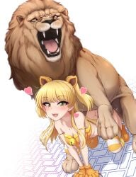 akai_(riaakai) animal_hands ass bell blonde_hair blush bottomless commission female gloves green_eyes heart highres idolmaster idolmaster_cinderella_girls jingle_bell jougasaki_rika lion long_hair open_:3 open_mouth paid_reward_available paw_gloves sex simple_background skeb_commission solo striped striped_thighhighs teeth thighhighs twintails upper_teeth_only white_background yellow_stripes zoophilia