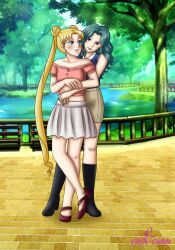 2girls alternate_costume aqua_hair bangs bare_arms bare_legs bare_shoulders bishoujo_senshi_sailor_moon blonde_hair blue_eyes blush clothed_female clothing collarbone couple day double_bun female female_only full_body head_tilt hugging hugging_from_behind legs lesbian_sex long_hair looking_at_another michiru_kaiou multiple_females multiple_girls mutual_yuri outdoor outdoors parted_bangs skirt sleeveless sleeveless_shirt smile standing tied_hair twintails usagi_tsukino yrya-chan yuri