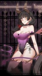 ass bare_shoulders black_hair blush breasts choker cleavage edit edited female goth_girl_&_the_jock halloween holding_object horn horns leotard merryweather ophelia's_mom_(merryweather) smile stockings swimsuit tagme tail thick_thighs trident wide_hips yellow_eyes