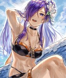 1girls :d abinosu0903 alternate_costume bikini black_bikini black_swimsuit breasts choker cloud commentary fire_emblem fire_emblem:_three_houses fire_emblem_heroes fire_emblem_warriors:_three_hopes flower hair_flower hair_ornament hair_over_one_eye highres holding holding_surfboard jewelry long_hair looking_at_viewer necklace nintendo official_alternate_costume purple_eyes purple_hair shez_(female)_(fire_emblem) shez_(female)_(summer)_(fire_emblem) shez_(fire_emblem) sitting sky smile surfboard sweat swimsuit