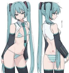 1girls :( aqua_eyes aqua_hair bare_shoulders belly bikini blush bra caststation collar detached_sleeves displeased embarrassed female female_only flat_chest half-closed_eyes hatsune_miku hatsune_miku_(collared_bikini) headset japanese_text legwear light-skinned_female long_hair looking_at_viewer looking_back looking_back_at_viewer navel open_clothes panties revealing_clothes small_breasts solo stockings stomach striped_bikini striped_bra striped_panties sweatdrop thighhighs thin_waist tie twintails underwear very_long_hair vocaloid waist white_background