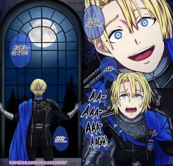 blonde_hair blue_eyes cape crazy_eyes deranged dimitri_alexandre_blaiddyd english_text fire_emblem fire_emblem:_three_houses fully_clothed garreg_mach_monastery_uniform imminent_transformation male moon nintendo obsessed pegasustgtf text transformation yelling