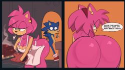 !? 1boy 1girls amy_rose anthro apron ass ass_awe ass_focus ass_up barely_clothed bending_over big_ass big_breasts big_thighs blue_body blue_fur boob_window bottomless breasts clothed comic cooking dat_ass dialogue dialogue_box erinaceinae eulipotyphlan eyelashes female furry gigantic_ass green_eyes hair_bow hedgehog huge_ass huge_thighs kitchen looking_at_ass looking_at_viewer male mammal monamania naked_apron no_bra no_panties no_underwear nude oven_mitts pink_body pink_fur pink_hair short_tail sideass sideboob small_tail sonic_(series) sonic_the_hedgehog sonic_the_hedgehog_(series) surprised tail text thanksgiving thick_hips thick_thighs thighs two_panel_image useless_clothing yiff