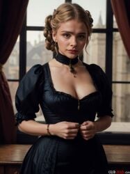 1girls actress ai_generated black_dress celebjihad celebrity chloe_grace_moretz female female_only nude oiled_skin real_person solo tongue_out