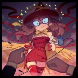 adventure_time betty_grof bow breasts brown_hair cape cleavage dress fangs glasses h_ikenuma hat headgear holding_object long_hair looking_at_viewer nonude simon_petrikov smile straps tagme wide_hips