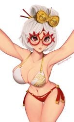 1girls alternate_version_available big_breasts bikini bikini_bottom bikini_top blushedpixie bottomwear breasts cleavage eyewear female female_only glasses hair hair_ornament hips huge_breasts lips nintendo purah red_eyes red_glasses solo solo_female swimwear tears_of_the_kingdom the_legend_of_zelda thighs topwear white_hair