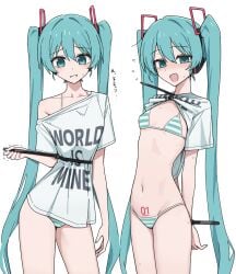 1girls aqua_eyes aqua_hair bare_shoulders belly bikini blush bondage bound bra bra_strap cable_tie caststation collar embarrassed exposed female female_only flat_chest flustered hands_behind_back hatsune_miku highres japanese_text light-skinned_female long_hair looking_at_viewer nail_polish navel off_shoulder open_mouth panties panty_peek pantyshot revealing_clothes skimpy_clothes slender_waist slim_waist small_breasts smile solo standing stomach striped_bikini striped_bra striped_panties striped_underwear sweatdrop t-shirt t-shirt_lift t-shirt_only text thin_waist tied_hands twintails underwear very_long_hair vocaloid waist white_background zip_tie