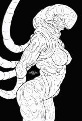 1girls abs alexcherubic alien alien_girl biopunk breasts line_art muscle muscles muscular muscular_female navel original