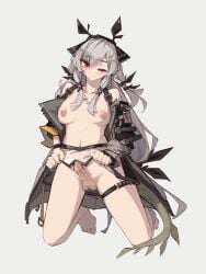 1futa absurdres areolae arknights balls bare_shoulders barefoot big_breasts big_penis blush breasts censored closed_mouth clothed clothing commentary english_commentary erection full_body futa_only futanari grey_background grey_hair grey_jacket highres human jacket kneeling light-skinned_futanari light_skin long_hair long_sleeves looking_at_viewer medium_breasts mostly_nude navel newhalf nipples one_eye_closed open_clothes open_jacket penis precum precum_drip red_eyes see-through simple_background solo standing tail testicles togekk0 uncensored weedy_(arknights)