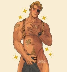 1boy artist_name bara blonde_hair blush closed_mouth completely_nude covering_crotch covering_privates dilfborne_(ventiskull) eyepatch highres holding jujutsu_kaisen kento_nanami large_pectorals male male_focus male_only male_pubic_hair muscular muscular_male nanami_kento navel necktie nipples nude one_eye_covered pectorals penis pubic_hair short_hair solo undone_necktie ventiskull watch wristwatch